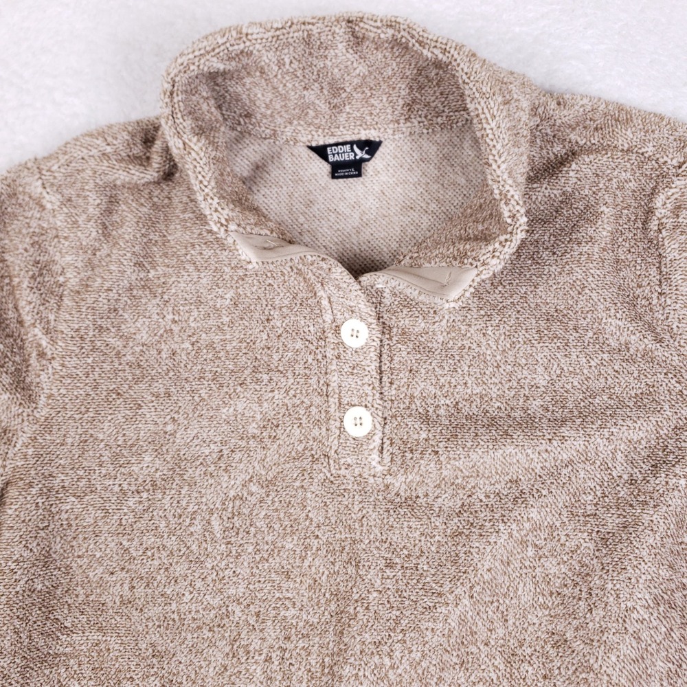 Eddie Bauer Fleece Pullover Sweater Womens Large Mock Neck Heathered Tan Cozy - Picture 2 of 8